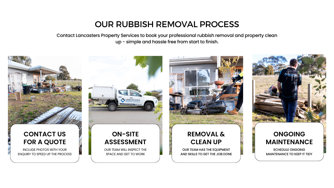 Contact Lancasters Property Services to book your professional rubbish removal and property clean up - simple and hassle free from start to finish.