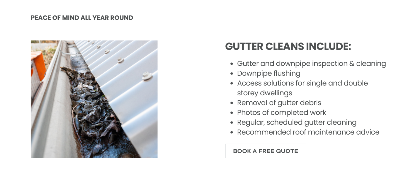 Gutter cleans include gutter and downpipe inspection & cleaning, downpipe flushing, access solutions for single and double storey dwellings, removal of gutter debris, photos of completed work, regular, scheduled gutter cleaning, and recommended roof maintenance advice