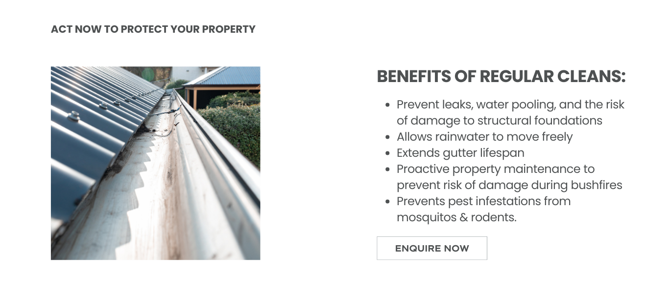 Regular gutter cleaning prevents leaks, water pooling, and the risk of damage to structural foundations. It also allows rainwater to move freely, extends gutter lifespan, is a proactive property maintenance approach to prevent risk of damage during bushfires, and prevents pest infestations from mosquitos and rodents.